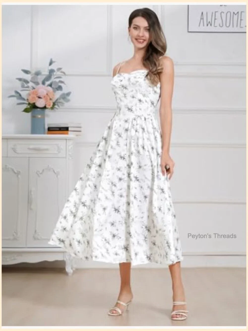 Sexy Spaghetti Strap Bustier Midi Dress with Pockets Flowy Pleated Hem - Picture 3 of 7